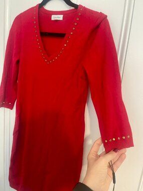 New w/ Tags: Calvin Klein Red Sweater Dress w/ Gold Studs